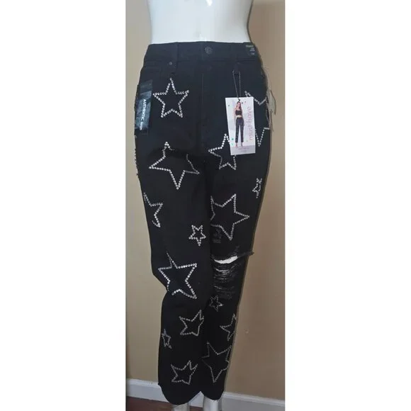 Simple Society Bling Stars Distress Super High Rise Black Jeans Size 7/ 28 NEW - Picture 1 of 10